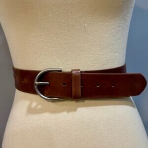 VTG AE Cognac Brown Leather Belt Silver O-Ring Round Buckle Classic, Men's M/L